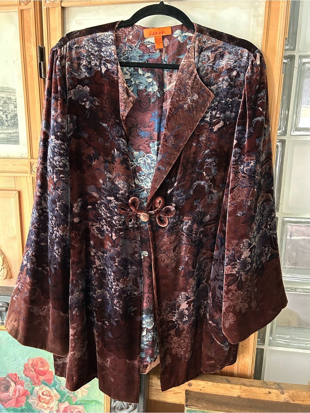 Harari Velvet Floral Kimono Jacket in Brown and Blue